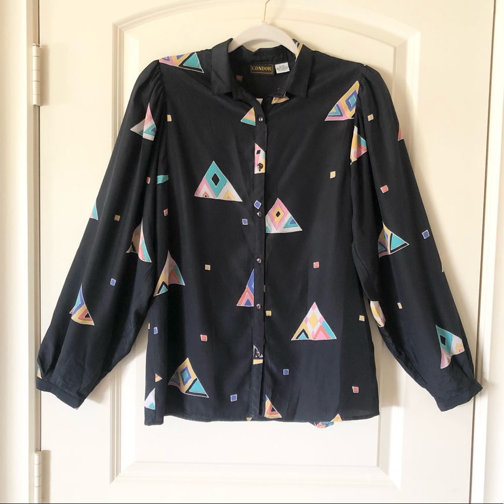 Vintage 80s Condor Memphis Design Geometric Blouse Pastel Abstract Print Sz 9/10
